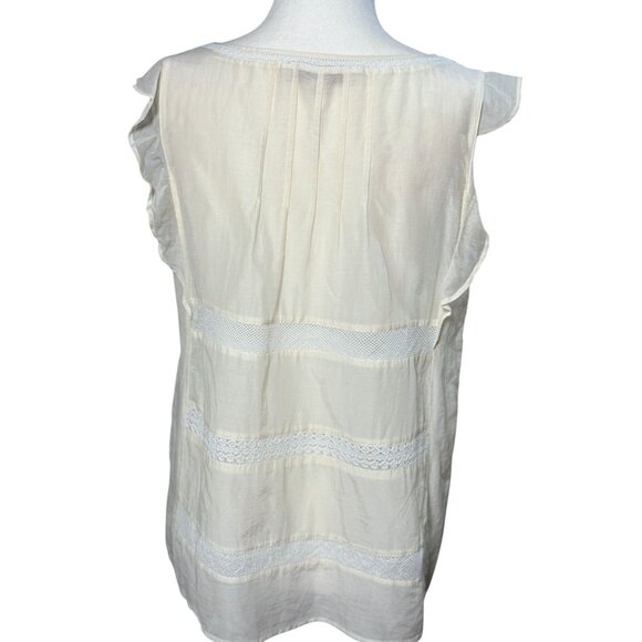 NEW LOFT Womens M Blouse Silk White Lace Trim Embroidered Flutter Sleeve Top - Picture 5 of 10